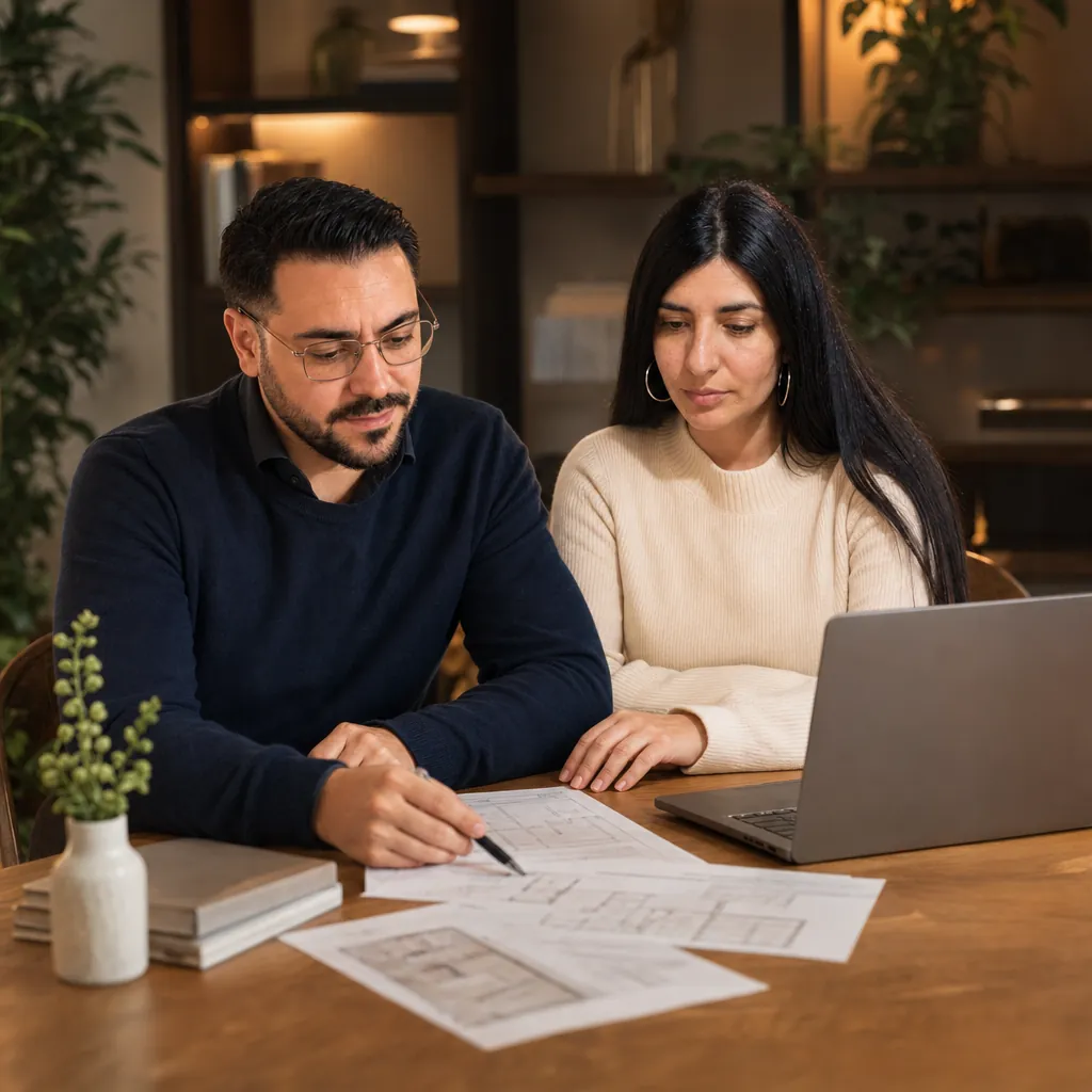 Marina Galarza y Julian Bagilet revisando planos de una propiedad